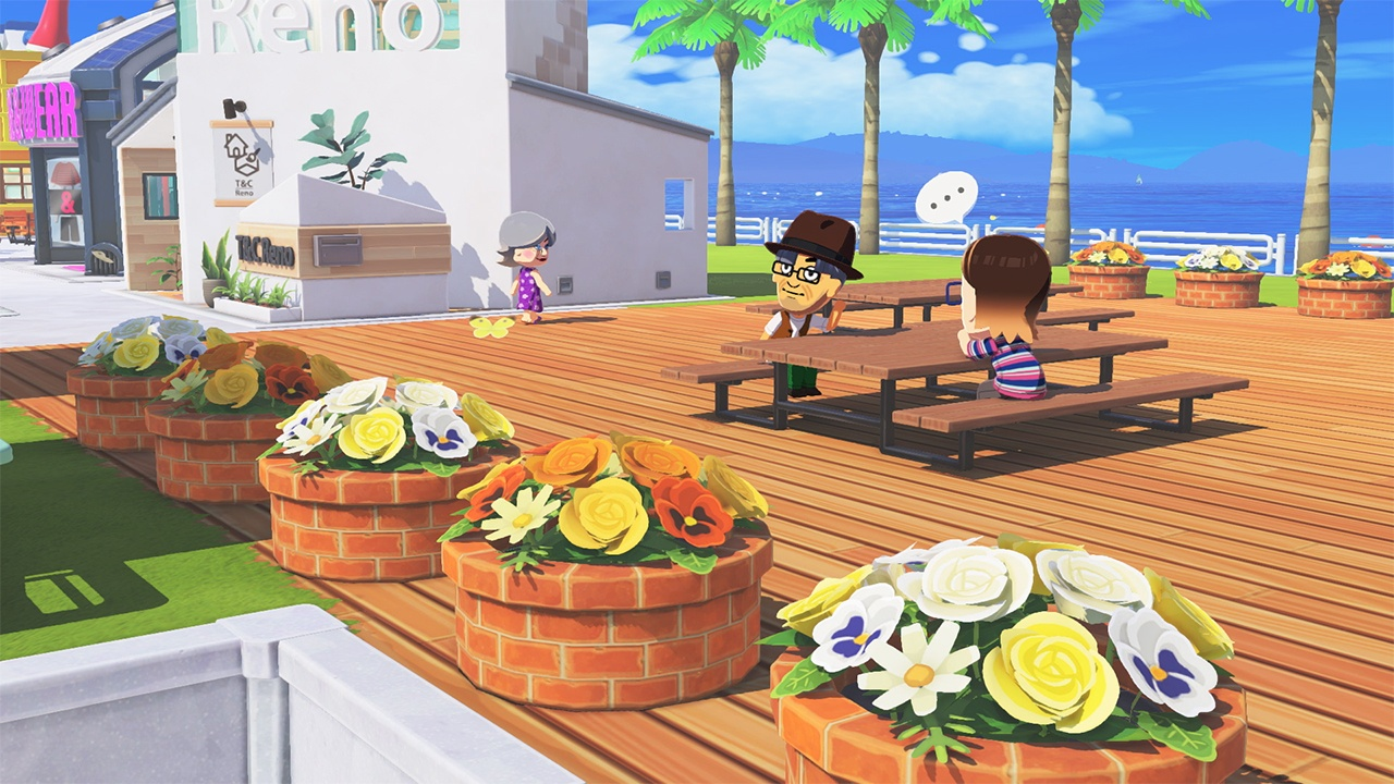 Plaza scene with Miis chatting on a bench